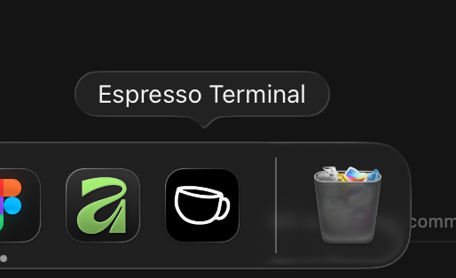 Espresso Terminal in the macOS Dock, next to Arc and Trash.