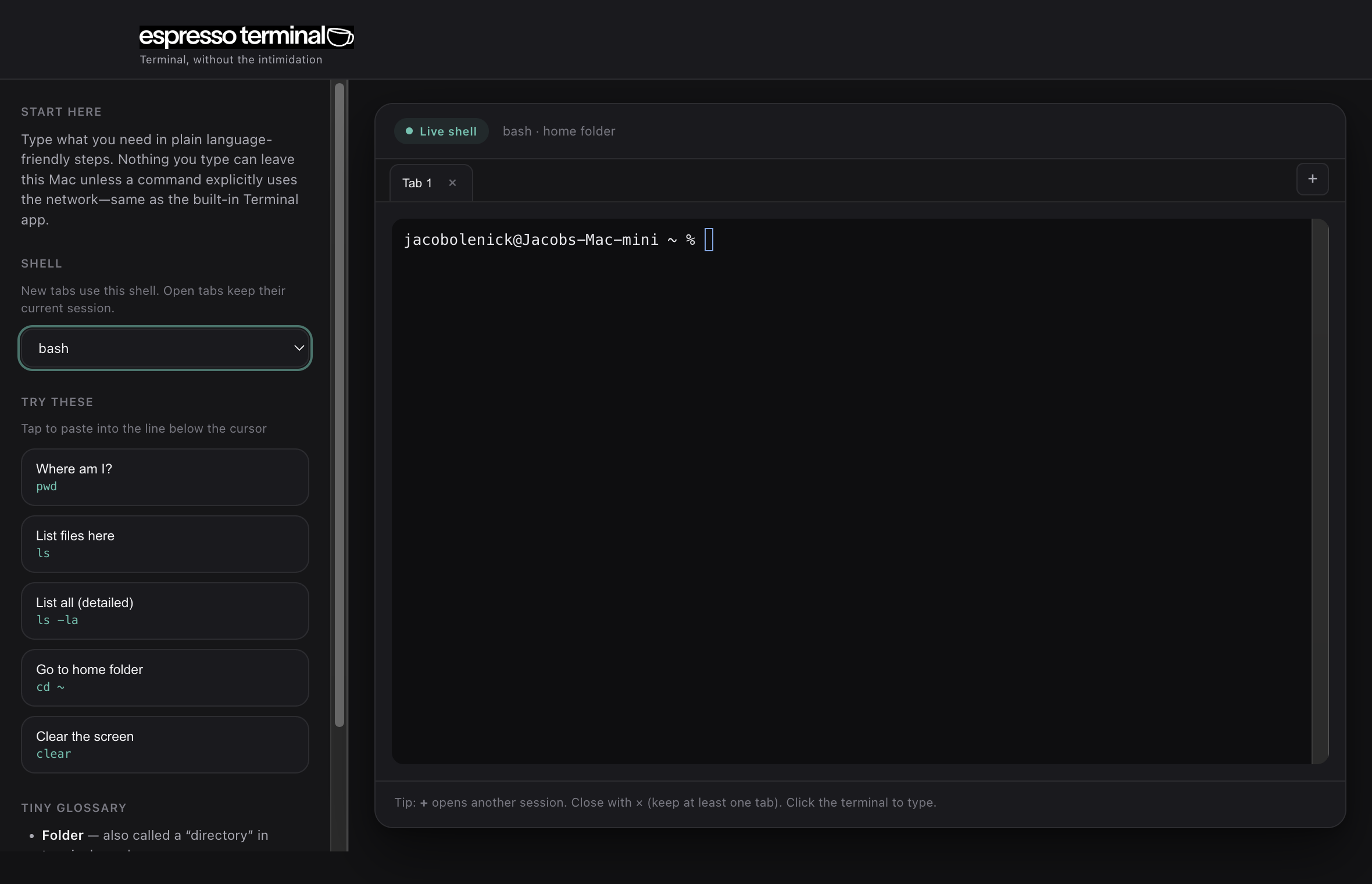 Espresso Terminal in dark mode, with shell picker in the sidebar.