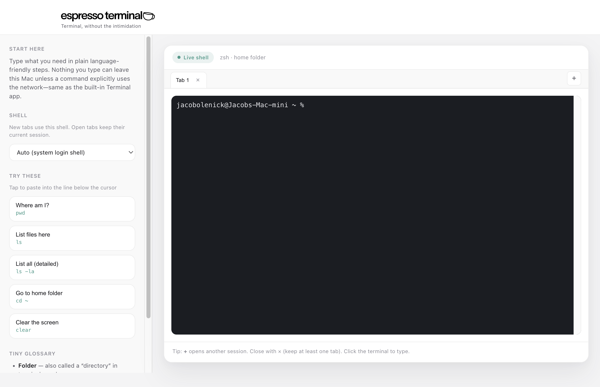 Espresso Terminal in light mode, with shell picker in the sidebar.
